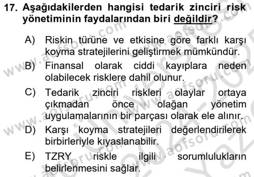 Tedarik Zinciri Yönetimi Dersi 2024 - 2025 Yılı Yaz Okulu Sınav Soruları 17. Soru