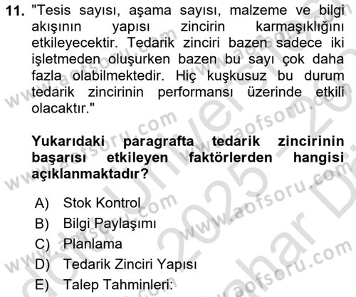 Tedarik Zinciri Yönetimi Dersi 2025 - 2026 Yılı (Vize) Ara Sınav Soruları 11. Soru