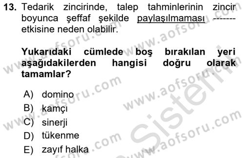 Tedarik Zinciri Yönetimi Dersi 2025 - 2026 Yılı (Vize) Ara Sınav Soruları 13. Soru