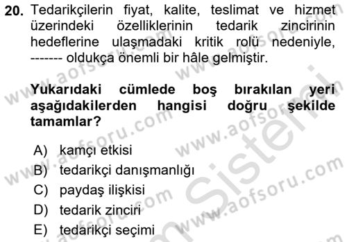 Tedarik Zinciri Yönetimi Dersi 2025 - 2026 Yılı (Vize) Ara Sınav Soruları 20. Soru
