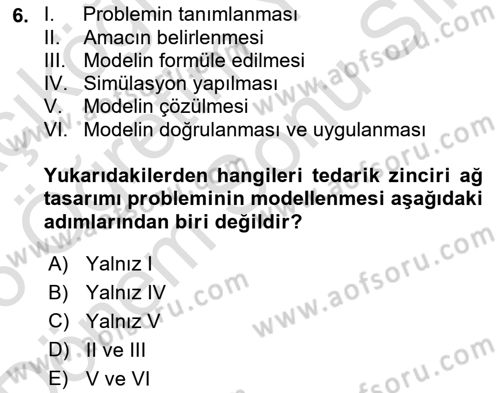 Tedarik Zinciri Yönetimi Dersi 2025 - 2026 Yılı (Final) Dönem Sonu Sınav Soruları 6. Soru