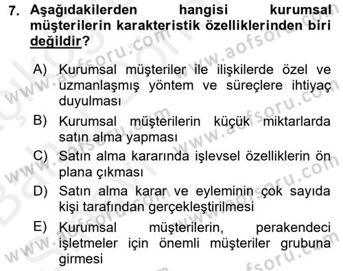 Satış Yönetimi Dersi 2015 - 2016 Yılı (Vize) Ara Sınav Soruları 7. Soru