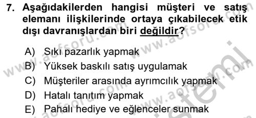 Satış Yönetimi Dersi 2016 - 2017 Yılı 3 Ders Sınav Soruları 7. Soru
