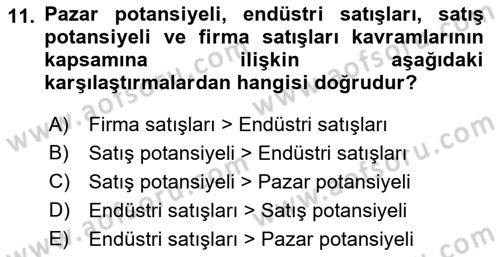 Satış Yönetimi Dersi 2018 - 2019 Yılı (Vize) Ara Sınav Soruları 11. Soru