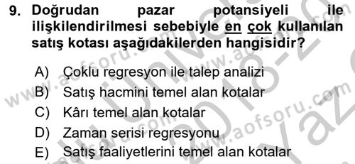 Satış Yönetimi Dersi 2018 - 2019 Yılı Yaz Okulu Sınav Soruları 9. Soru