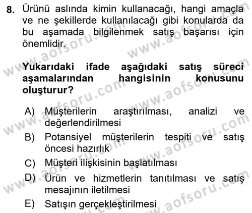 Satış Yönetimi Dersi 2021 - 2022 Yılı (Vize) Ara Sınav Soruları 8. Soru