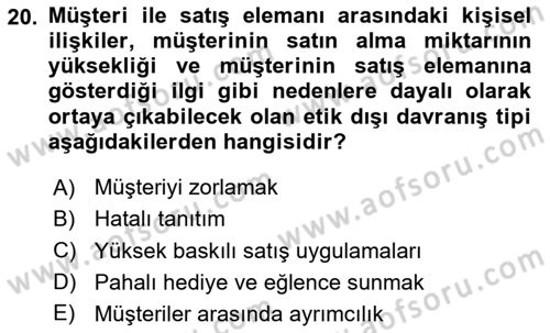 Satış Yönetimi Dersi 2022 - 2023 Yılı (Vize) Ara Sınav Soruları 20. Soru