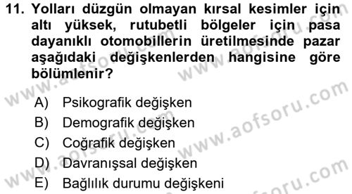 Turizm Pazarlaması Dersi 2016 - 2017 Yılı (Final) Dönem Sonu Sınav Soruları 11. Soru