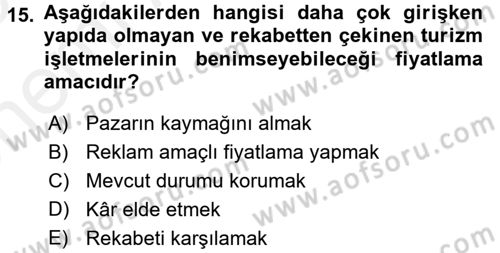 Turizm Pazarlaması Dersi 2017 - 2018 Yılı (Vize) Ara Sınav Soruları 15. Soru