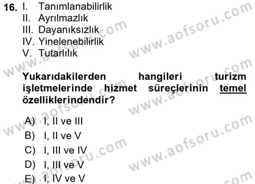 Turizm Pazarlaması Dersi 2017 - 2018 Yılı (Vize) Ara Sınav Soruları 16. Soru