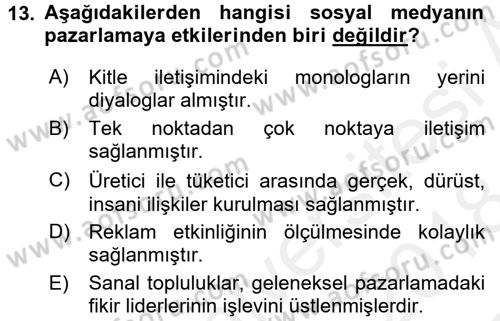 Turizm Pazarlaması Dersi 2017 - 2018 Yılı (Final) Dönem Sonu Sınav Soruları 13. Soru