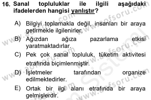 Turizm Pazarlaması Dersi 2017 - 2018 Yılı (Final) Dönem Sonu Sınav Soruları 16. Soru