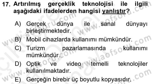 Turizm Pazarlaması Dersi 2017 - 2018 Yılı (Final) Dönem Sonu Sınav Soruları 17. Soru