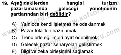 Turizm Pazarlaması Dersi 2017 - 2018 Yılı (Final) Dönem Sonu Sınav Soruları 19. Soru