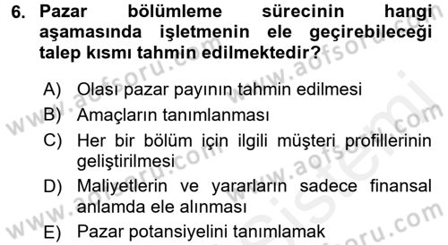 Turizm Pazarlaması Dersi 2017 - 2018 Yılı (Final) Dönem Sonu Sınav Soruları 6. Soru