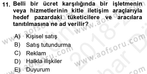 Turizm Pazarlaması Dersi 2018 - 2019 Yılı (Vize) Ara Sınav Soruları 11. Soru