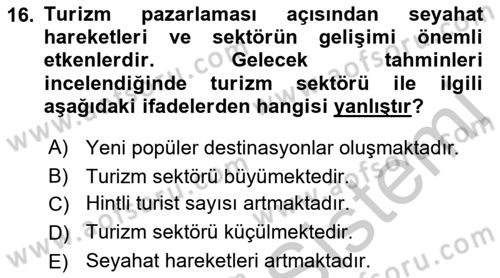 Turizm Pazarlaması Dersi 2018 - 2019 Yılı Yaz Okulu Sınav Soruları 16. Soru