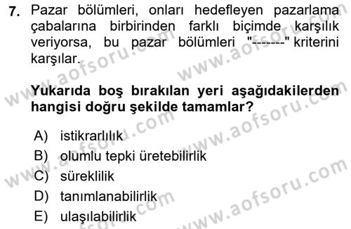 Turizm Pazarlaması Dersi 2021 - 2022 Yılı (Final) Dönem Sonu Sınav Soruları 7. Soru