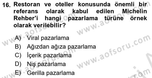 Turizm Pazarlaması Dersi 2021 - 2022 Yılı Yaz Okulu Sınav Soruları 16. Soru