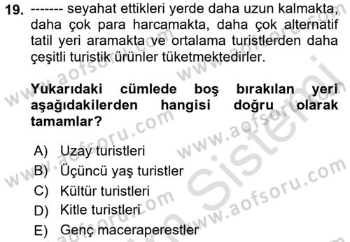 Turizm Pazarlaması Dersi 2021 - 2022 Yılı Yaz Okulu Sınav Soruları 19. Soru