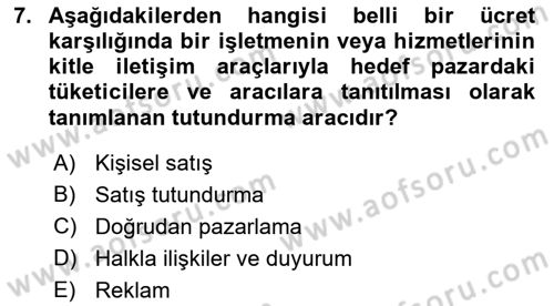 Turizm Pazarlaması Dersi 2021 - 2022 Yılı Yaz Okulu Sınav Soruları 7. Soru
