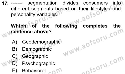 Principles Of Marketing Dersi 2021 - 2022 Yılı Yaz Okulu Sınav Soruları 17. Soru