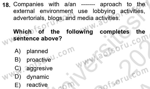 Principles Of Marketing Dersi 2022 - 2023 Yılı (Vize) Ara Sınav Soruları 18. Soru