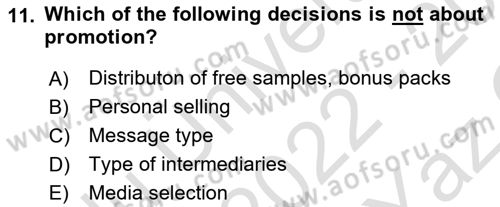 Principles Of Marketing Dersi 2022 - 2023 Yılı Yaz Okulu Sınav Soruları 11. Soru