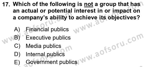 Principles Of Marketing Dersi 2023 - 2024 Yılı (Vize) Ara Sınav Soruları 17. Soru