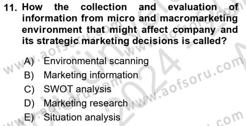 Principles Of Marketing Dersi 2024 - 2025 Yılı (Vize) Ara Sınav Soruları 11. Soru