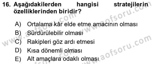 Havayolu Pazarlaması Dersi Ara Sınavı Deneme Sınav Soruları 16. Soru