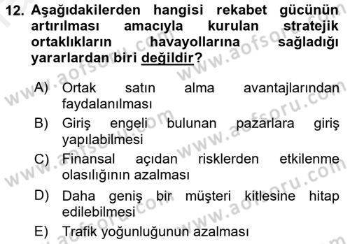 Havayolu Pazarlaması Dersi Ara Sınavı Deneme Sınav Soruları 12. Soru