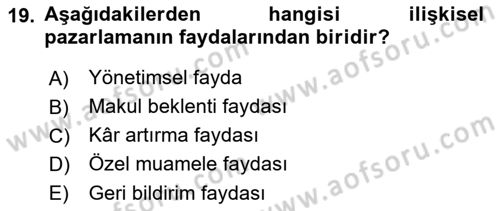 Havayolu Pazarlaması Dersi 2018 - 2019 Yılı (Final) Dönem Sonu Sınav Soruları 19. Soru