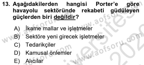 Havayolu Pazarlaması Dersi Ara Sınavı Deneme Sınav Soruları 13. Soru