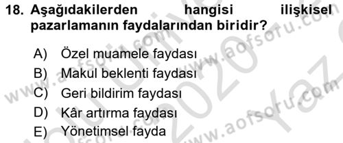 Havayolu Pazarlaması Dersi 2020 - 2021 Yılı Yaz Okulu Sınav Soruları 18. Soru