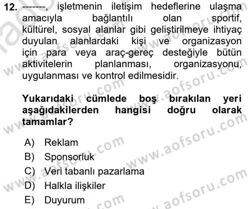 Havayolu Pazarlaması Dersi 2021 - 2022 Yılı Yaz Okulu Sınav Soruları 12. Soru