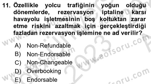 Havayolu Pazarlaması Dersi 2023 - 2024 Yılı (Vize) Ara Sınavı 11. Soru