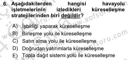 Havayolu Pazarlaması Dersi 2023 - 2024 Yılı Yaz Okulu Sınav Soruları 6. Soru