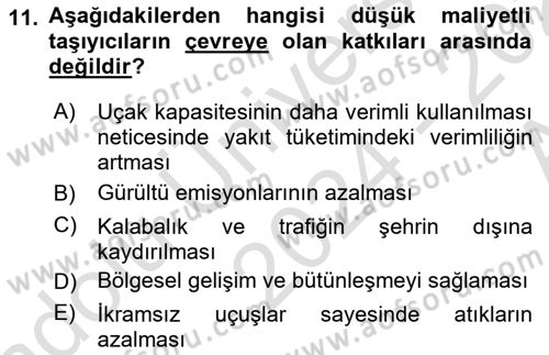 Havayolu Pazarlaması Dersi Ara Sınavı Deneme Sınav Soruları 11. Soru