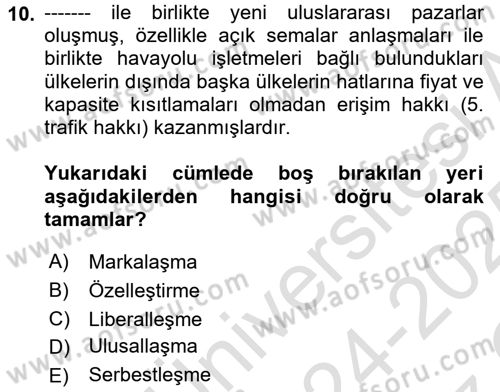 Havayolu Pazarlaması Dersi 2024 - 2025 Yılı Yaz Okulu Sınav Soruları 10. Soru