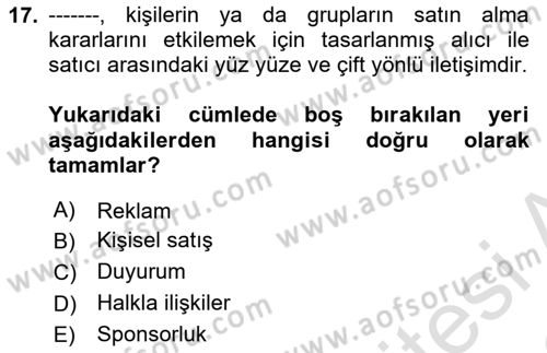 Havayolu Pazarlaması Dersi 2025 - 2026 Yılı (Final) Dönem Sonu Sınav Soruları 17. Soru