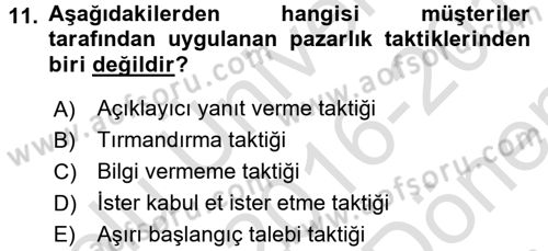 Satış Teknikleri Dersi 2016 - 2017 Yılı (Final) Dönem Sonu Sınav Soruları 11. Soru