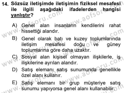 Satış Teknikleri Dersi 2018 - 2019 Yılı (Vize) Ara Sınav Soruları 14. Soru