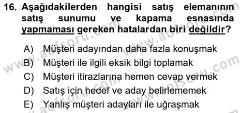 Satış Teknikleri Dersi 2020 - 2021 Yılı Yaz Okulu Sınav Soruları 16. Soru