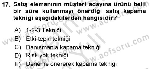 Satış Teknikleri Dersi 2021 - 2022 Yılı Yaz Okulu Sınav Soruları 17. Soru