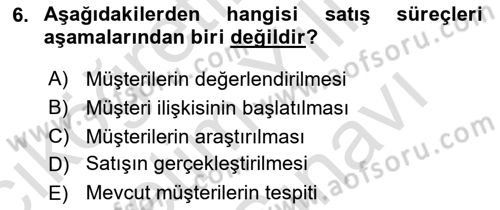 Satış Teknikleri Dersi 2023 - 2024 Yılı (Vize) Ara Sınav Soruları 6. Soru