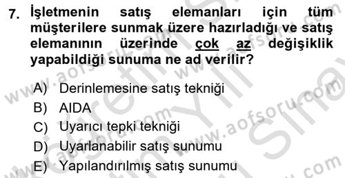 Satış Teknikleri Dersi 2023 - 2024 Yılı (Final) Dönem Sonu Sınav Soruları 7. Soru