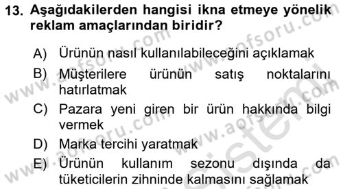 Tanıtım Ve Pazarlama Dersi 2017 - 2018 Yılı (Vize) Ara Sınav Soruları 13. Soru