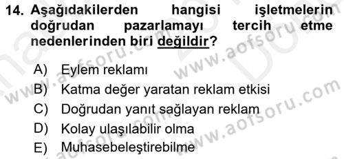 Tanıtım Ve Pazarlama Dersi 2017 - 2018 Yılı (Final) Dönem Sonu Sınav Soruları 14. Soru