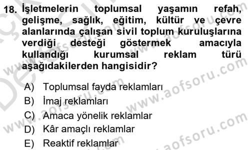 Tanıtım Ve Pazarlama Dersi 2018 - 2019 Yılı 3 Ders Sınav Soruları 18. Soru